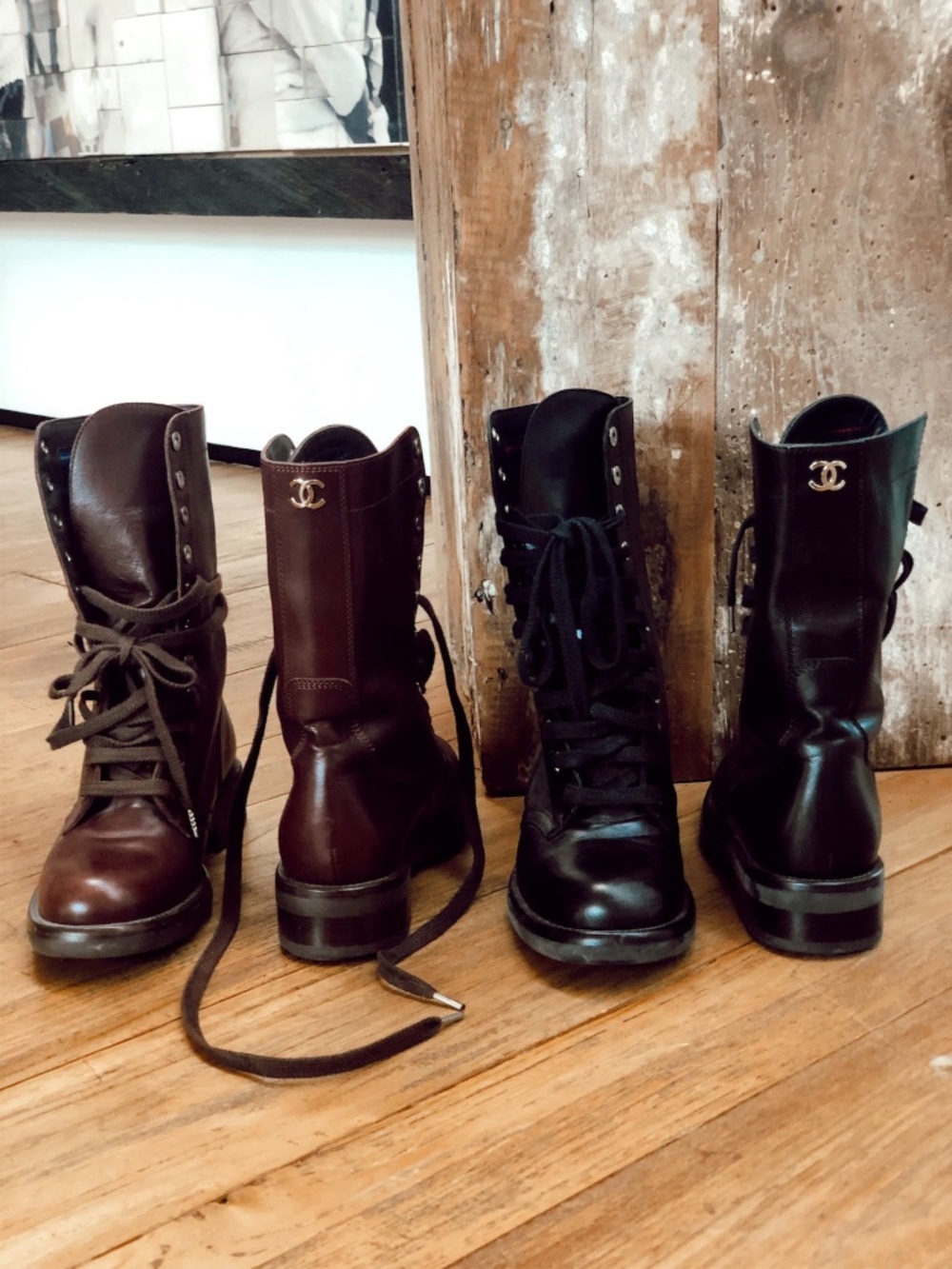 Vintage 90's CHANEL CC Logo COMBAT Biker Moto Brown Lace Up Leather Boots  37.5 - Picture 16 of 16